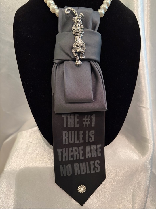 Accessories - Women’s Statement Black Satin Tie Necklace with Rhinestone Lizard Pin